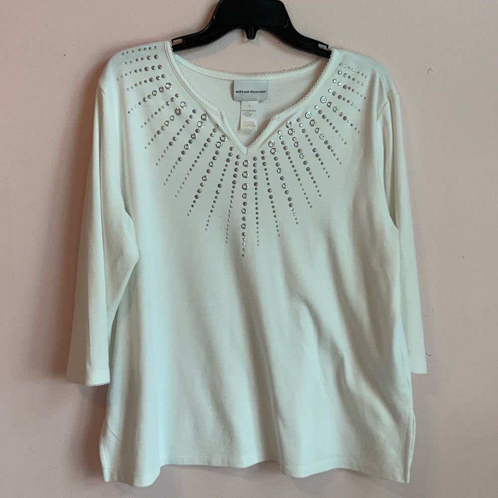 Alfred Dunner White quarter Sleeve Top with Embellishments